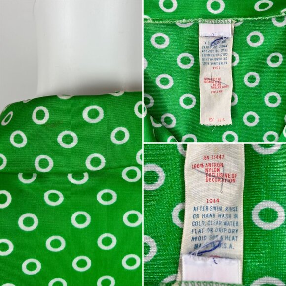 Vintage 70s Circle Top Women's XL Green Shiny Swim Cover Up Long Sleeve Shirt - Picture 10 of 10